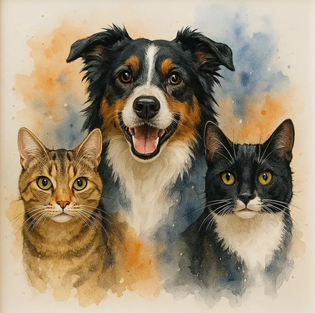 Custom Pet Family Watercolor Portrait – Unique Fur Illustration ( Digital Download)