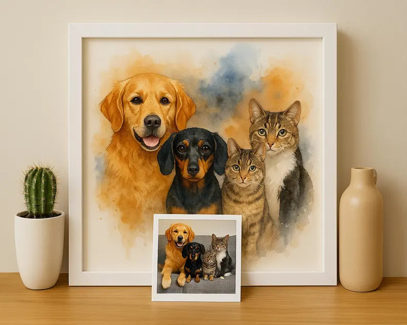 Custom Pet Family Watercolor Portrait – Unique Fur Illustration ( Digital Download)