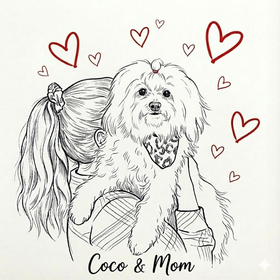 Custom Pet & Owner Line Art – Minimalist Portrait with Hearts (Digital Download)