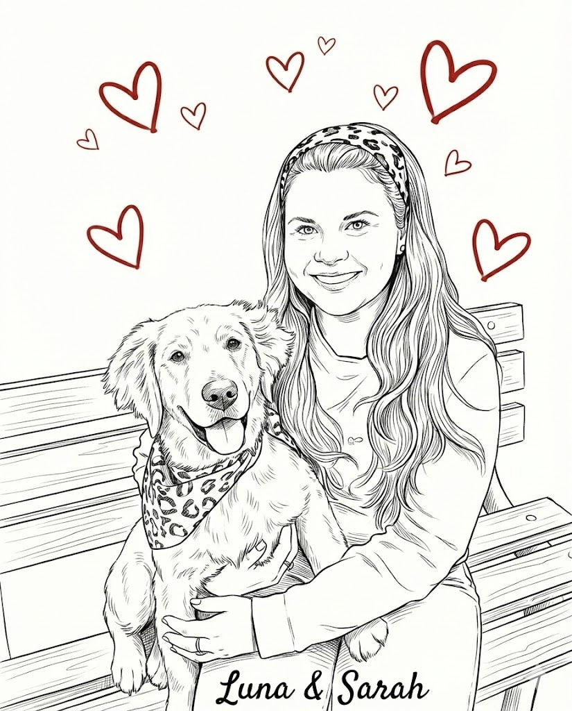 Custom Pet & Owner Line Art – Minimalist Portrait with Hearts (Digital Download)