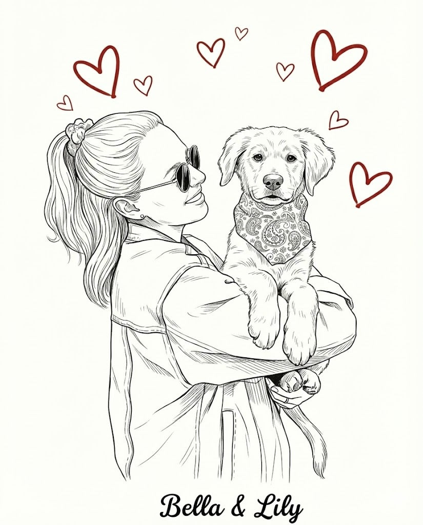 Custom Pet & Owner Line Art – Minimalist Portrait with Hearts (Digital Download)