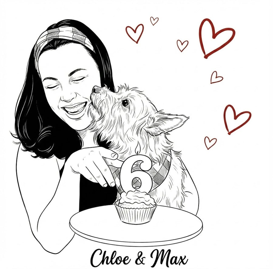 Custom Pet & Owner Line Art – Minimalist Portrait with Hearts (Digital Download)
