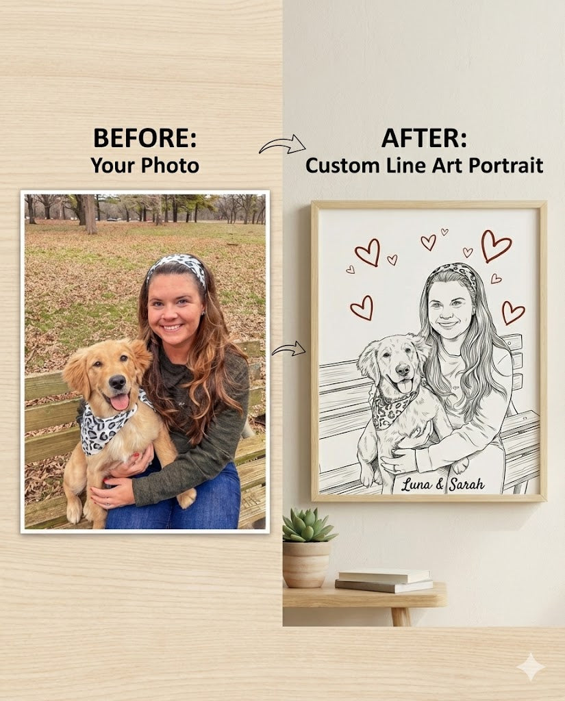 Custom Pet & Owner Line Art – Minimalist Portrait with Hearts (Digital Download)