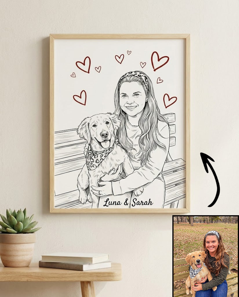 Custom Pet & Owner Line Art – Minimalist Portrait with Hearts (Digital Download)
